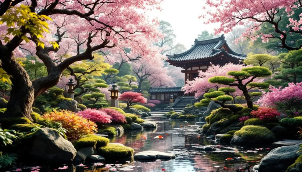 春の日本庭園と桜満開の風景
