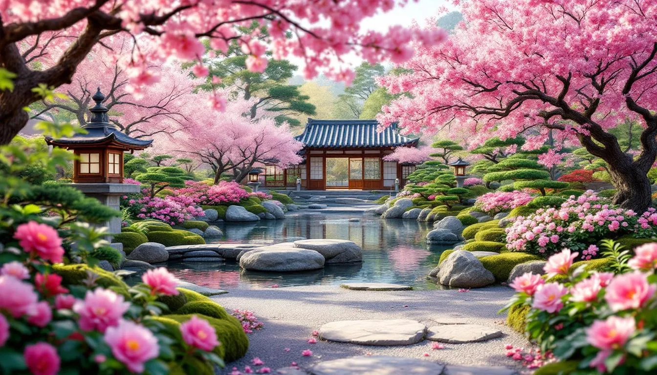 春の伝統的な日本庭園と桜