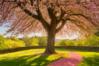 満開のしだれ桜を見上げる人。